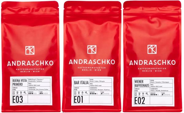 Andraschko Probierset 3 x 250g, ganze Bohne:  Buena Vista, Bar Italia & Wiener Kaffeehausmischung, rote Verpackung mit weißem Label
